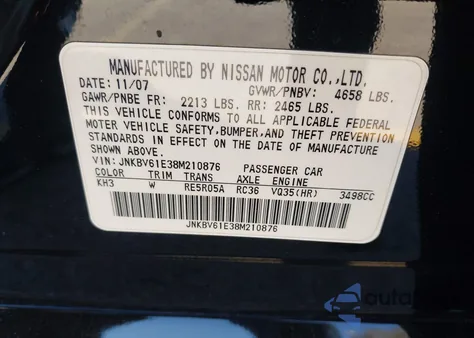 2008 Infiniti G35 Journey from USA, damaged, VIN JNKBV61E38M210876